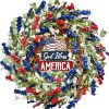 4th of July Independence Day Red White Blue Flower Wreaths, 20" Artificial Flower Wreath with God Bless America Sign Decoration for Front Door, Memorial Day Wreath for Wall Window Party Decor