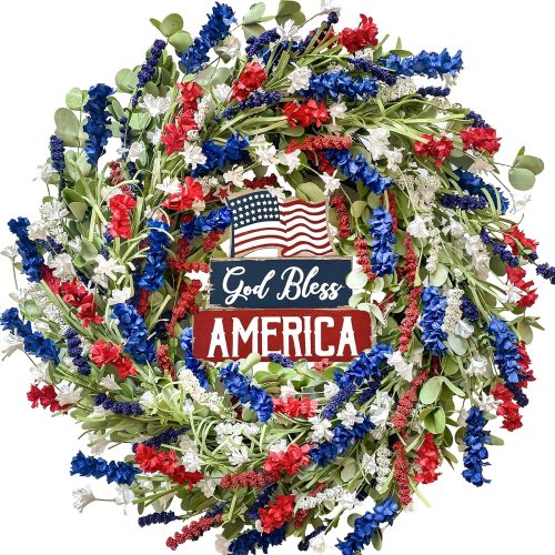 CT0439056JS_1 4th of July Independence Day Red White Blue Flower Wreaths, 20" Artificial Flower Wreath with God Bless America Sign Decoration for Front Door, Memorial Day Wreath for Wall Window Party Decor
