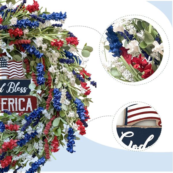 4th of July Independence Day Red White Blue Flower Wreaths, 20" Artificial Flower Wreath with God Bless America Sign Decoration for Front Door, Memorial Day Wreath for Wall Window Party Decor