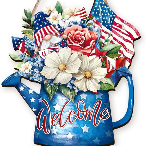Wooden 4th of July Decorations Patriotic Wreath Independence Day Decorations Front Door with Star Sign Welcome Memorial Day Hanging for Home Wall Decor Outdoor Indoor Red White and Blue Wreath 3