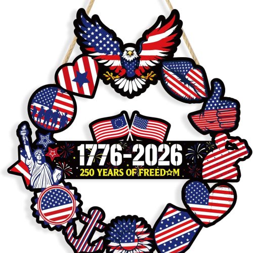 250 Anniversary Door Wreath Decorations Wooden American Patriotic Hanging Sign 4th of July Independence Day Hollow USA Eagle Front Door Decor 1776-2026 of Freedom Wall Decor for Home Porch Outdoor