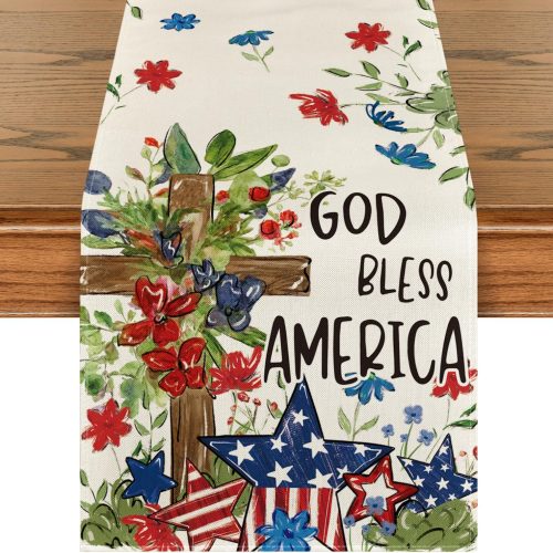 Artoid Mode Cross Star Floral Patriotic 4th of July Table Runner, Memorial Day Kitchen Dining Table Decoration for Home Party Decor 13x72 Inch