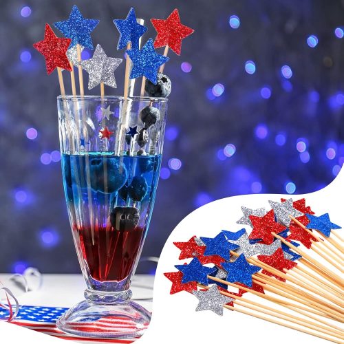 Geyee 120 Pcs Patriotic 4th of July Cupcake Toppers Glitter Independence Day Cupcake Picks Blue Red White 250th Cake Toppers Food Cocktail Picks Toothpick Memorial Day(Star)