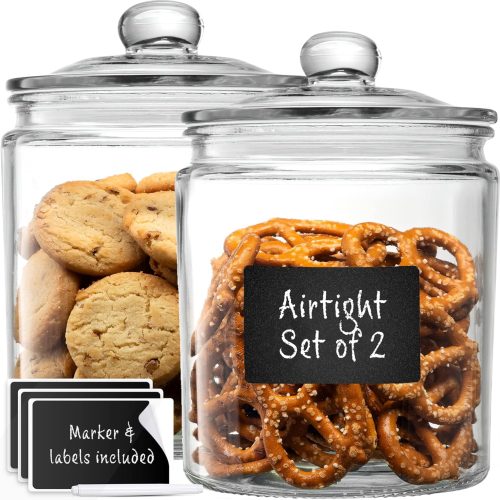 CTD-GR-1760GK_1 Le'raze Glass Canister Set for Kitchen Counter + Labels & Marker - Set of 2 - Glass Cookie Jars with Airtight Lids - Food Storage Containers with Lids Airtight for Pantry - Flour, Sugar, Coffee, etc.