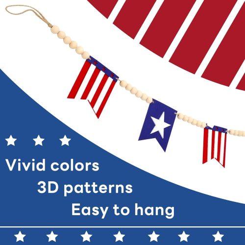 CT2233CT_4 5.1 FT 4th of July Patriotic American Flag Wood Bead Garland Banner - Independence Day Decorations for Fireplace Mantle, Red White Blue Decor for Memorial Day, Veterans Day & Party Supplies