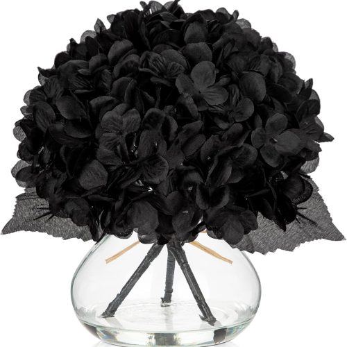 Hollyone Hydrangea Fall Flowers Artificial for Decoration with Glass Vase Black Silk Faux Flowers Arrangements in Vase with Faux Water Fake Floral Bouquet Table Centerpiece Halloween Home Decor