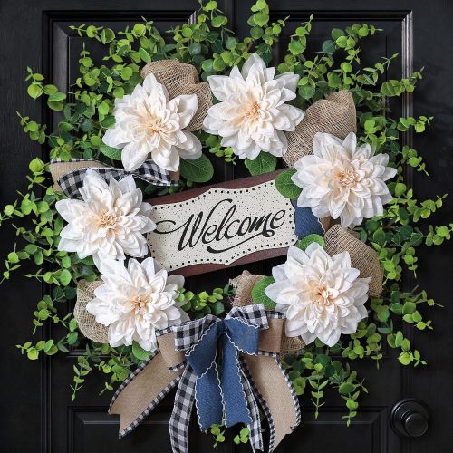 CTD-GR-043GK_1 Artificial Flowers and Eucalyptus Wreath for Front Door – 24" Fake Dahlia Faux Eucalyptus with Blessed Sign, UV Resistant Greenery Plant Wreath for Home Wall Fireplace Farmhouse Decor