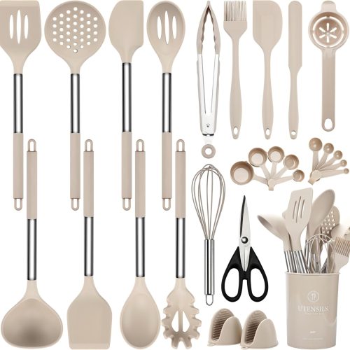 CTD-GR-1076GK_1 NCUE Silicone Cooking Utensils Set, 28 Pcs Kitchen Utensils Set 446°F Heat Resistant Spatula Set, Food Grade Silicone and Stainless Steel Handle Kitchen Gadgets for Nonstick Cookware BPA Free