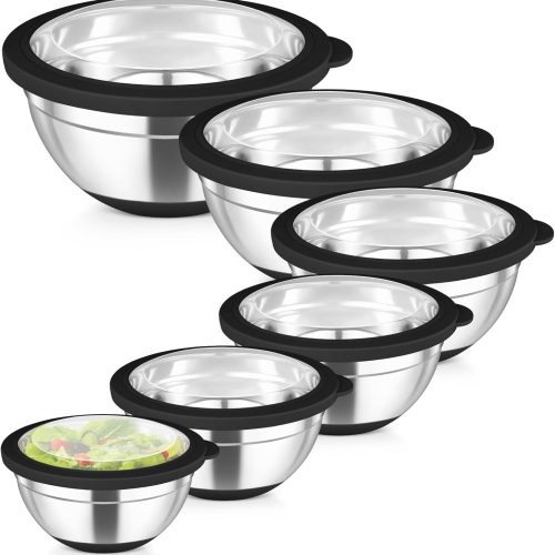 TeamFar Mixing Bowls with Lids Set of 6, Stainless Steel Metal Salad Bowls with Non-Slip Bottom, For Mixing Serving Prepping, Healthy & Heavy Duty, Black,4.6/3.5/2/1.5/1/0.7 QT
