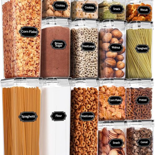 PRAKI Airtight Food Storage Containers Set, 16 Pcs BPA Free Plastic Dry Food Canisters for Kitchen Pantry Organization and Storage Ideal for Cereal, Flour & Sugar - Labels, Marker(Black)