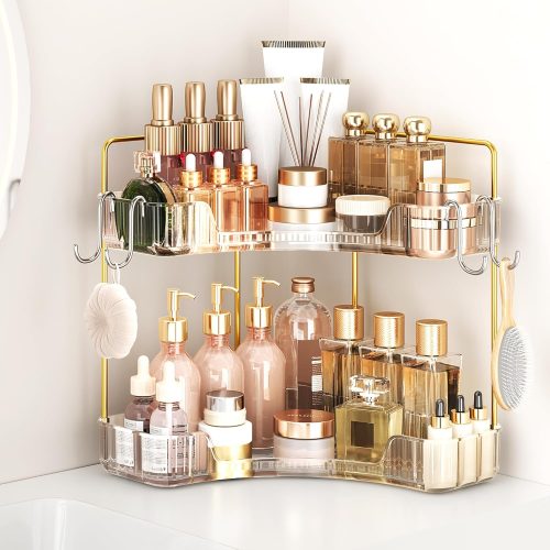 CTD-GR-141GK_1 Corner Bathroom Counter Organizer 2 Tier Bathroom Organizers and Storage Countertop with Hooks Skin Care Exquisite Vanity Organizer Countertop Bathroom Storage Dresser, Kitchen-Clear