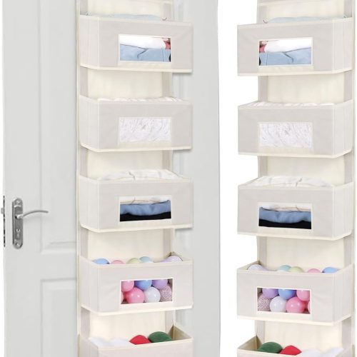 CTD-GR-1437GK_1 MAX Houser 5-Shelf Over The Door Hanging Organizer with 2 Metal Hooks, 5 Pocket Over The Door Wall Mount Storage with Clear Windows for Bathroom Closet,Bedroom,Dorm(Beige)