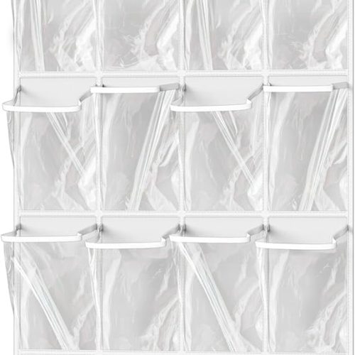 CTD-GR-1497GK_1 Simple Houseware 24 Pockets Large Clear Pockets Over The Door Hanging Shoe Organizer, White (56" x 22.5")