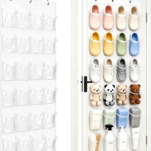 CTD-GR-1504GK_1 Over the Door Shoe Organizer with 24 Crystal Clear Pockets and Metal Hooks – Heavy Duty Hanging Shoe Storage Rack for Closet, Bathroom, Dorm – Space Saving for Shoes, Accessories, Toys (White)