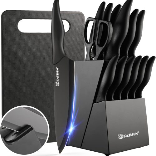 CTD-GR-1556GK_1 16 Pieces Kitchen Knife Block Set with Cutting Board, German Stainless Steel Knife Set with Sharpener, Dishwasher Safe, Anti-Slip Handle, 6 Steak Knives, Black