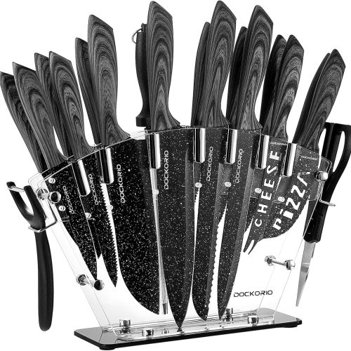 CTD-GR-1565GK_1 all in one Kitchen Knife Set with Block, 19 PCS High Carbon Stainless Steel Sharp Serrated Steak Knives Set, Chef Knives, Bread Knife, Scissor, Sharpener,