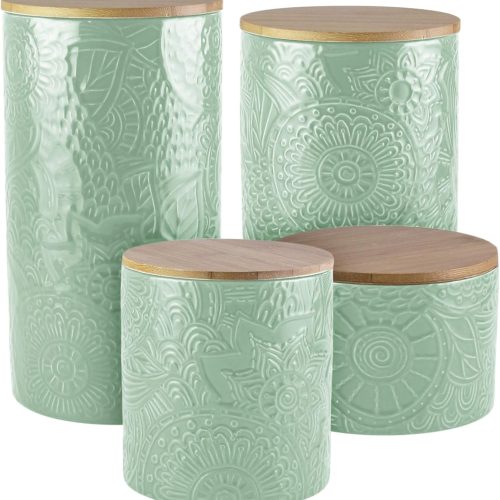 CTD-GR-1700GK_1 American Atelier 1182486-RB Embossed Canister 4-Piece Ceramic Set Jar Container with Wooden Lids for Cookies, Candy, Coffee, Flour, Sugar, Rice, Pasta, Cereal & More Sage