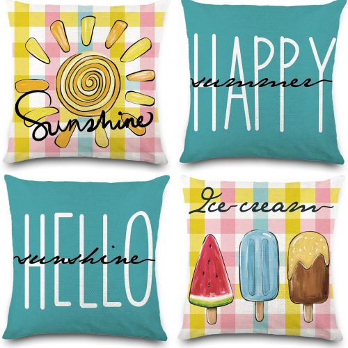 CTD-GR-1870GK_1 Vellibring Summer Pillow Covers 18x18 Happy Summer Throw Pillow Covers Hello Sunshine Ice Cream Pillow Covers for Farmhouse Decoration Indoor Outdoor Home Decor