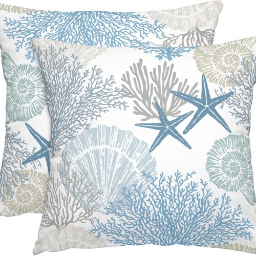 CTD-GR-1877GK_1 Coastal Throw Pillow Covers 18x18 Inches Beach Seashell Starfish Decorative Pillow Case Set of 2 Soft Velvet Couch Pillows Cushion Cover for Bed Sofa Living Room (Blue, 18" L x 18" W)