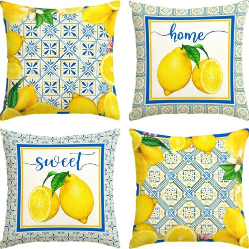 CTD-GR-1892GK_1 Italian Lemon Pillow Cases - Blue & Cyan Burlap Artifical Fruit Farmhouse Decorations for Spring/Summer Life & Party