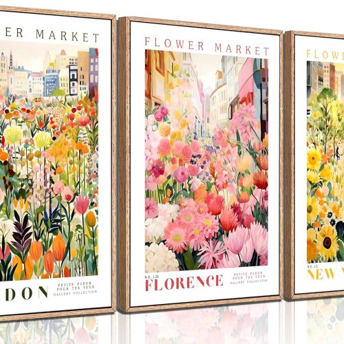 CTD-GR-2024JK_1 3Pcs Flower Market Color Botanical Canvas Wall Art Colorful Wildflower Sunflower Wall Decor Pictures Pink Floral Travel Posters Prints for Kitchen Bathroom Living Room Bedroom Decoration Unframed