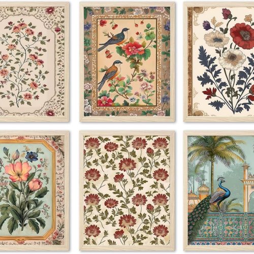 CTD-GR-2041GK_1 Vintage Floral Wall Art Poster Set of 6, Rustic Flower Bird Pictures Wall Decor, Retro Neutral Botanical Peacock Paintings Canvas Prints Aesthetic Home Decor for Living Room Bedroom 8x10in Unframed