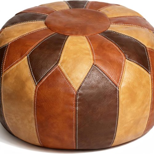 CTD-GR-2085GK_1 Thgonwid Unstuffed Moroccan Faux Leather Pouf Ottoman Cover with Storage - Boho Chic Multi-Use Footrest for Living Room, Bedroom, Patio - Round Ethnic Floor Cushion & Decorative Accent, Tricolor