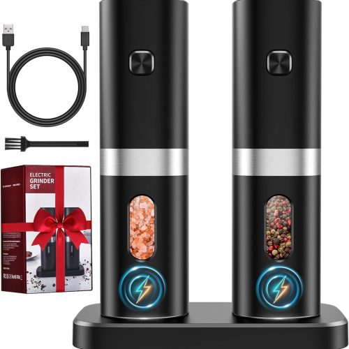 CTD-GR-465GK_1 Electric Salt and Pepper Grinder Set, New Rechargeable Salt and Pepper Mill with Charging Base, Adjustable Coarseness Shakers with LED Light, One Hand Operation for Kitchen Appliances Gifts for Women