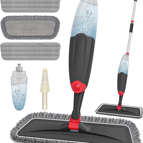 CTD-GR-535GK_1 HOMTOYOU Microfiber Hardwood Floor Mop: Spray Mop for Cleaning Wood Floors | Wet Mopping & Dry Sweeping, 3 Reusable Refill Pads, 1Pcs 400+ML Refillable Bottle, 360° Swivel Head, Black