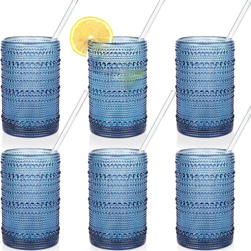 CTD-GR-731GK_1 KMIGRUAN Large Hobnail Drinking Glasses Set of 6, 15oz Blue Vintage Glassware, Embossed Glass Cups, Water Tumbler, Highball Glasses For Beer, Juice And Various Mixed Drinks
