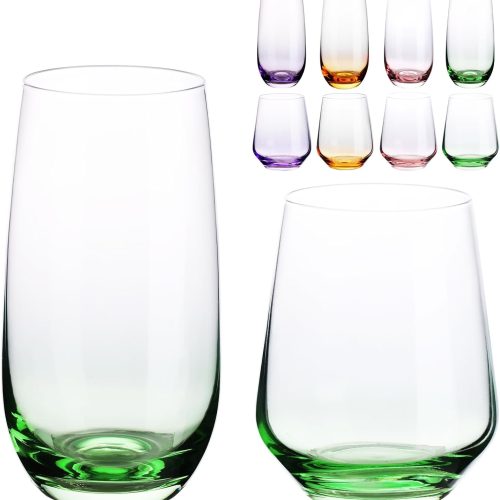 CTD-GR-818GK_1 Set of 8 Drinking Glasses, Hand Blown, 4 Highball Glasses 18oz & 4 Stemless Wine Glasses 15oz, Colored Water Glass Cups, for Wedding, Gift