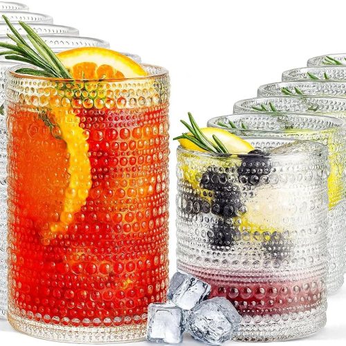 CTD-GR-821GK_1 Khen Vintage Hobnail Drinking Glasses Set of 12, 13oz Highball Glasses & 10 oz Lowball Tumblers, Kitchen Water Glasses Cup, Bar Water, Juice, Cocktails Beer, Milk Indoor/Outdoor Bar & Party Drinkware