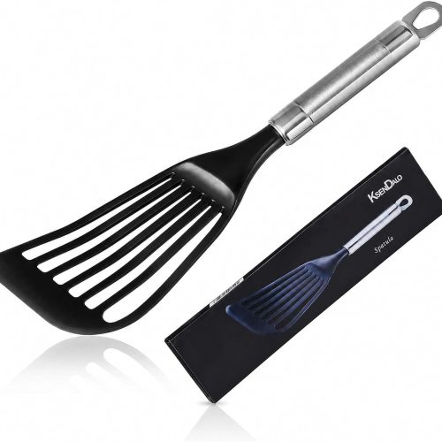 CTD-GR-948GK_1 KSENDALO Thin Flexible Fish Spatula for Nonstick Cookware, Black | Egg Flipper Turner w/Hollow Steel Handle, Slotted Angled LFGB Complaint Nylon Blade, Dishwasher Safe, Silver Handle