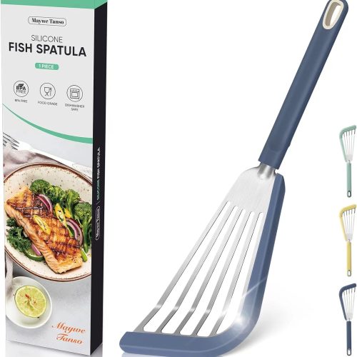 Nonstick Fish Spatula,Maywe Tanso Thin Slotted Spatulas Turner Silicone Fish Spatulas for Nonstick Cookware,High Heat Resistant BPA Free Cooking Utensils,Ideal for Fish,Eggs,Pancakes