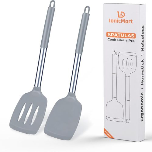 CTD-GR-986GK_1 IonicMart- Pack of 2 Silicone Spatulas for Kitchen Use- Non-Toxic Cooking Utensils Set, Heat Resistant Silicone Turner & Spatula for Cooking, Durable Kitchen Tools for Mixing & Flipping. (Gray)