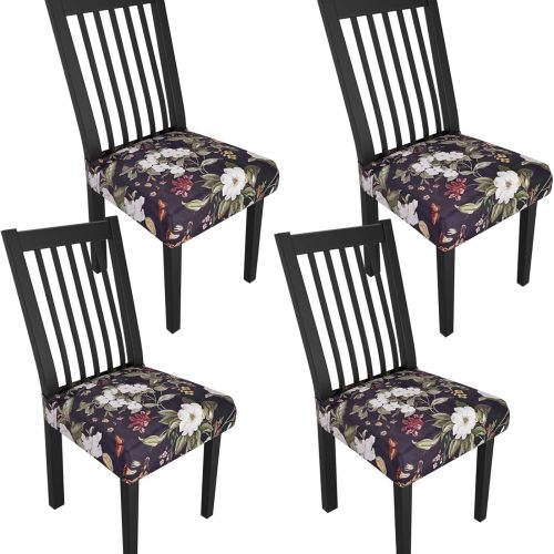 Stretch Dining Chair Seat Covers Set of 4,Dining Chair Slipcovers, Floral Printed Chair Covers,Soft Fabric Washable Upholstered Chair Seat Protector, No Rear Covers for Home Kitchen Dining Room