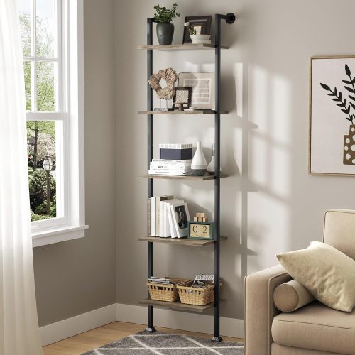 Axeman 5-Tier Ladder Shelf, Tall Narrow Bookcase for Small Spaces, Book Storage Organizer Case Open Shelves for Living Room, Home Office, Study, Industrial Style Black Metal Frame and Gray Shelf