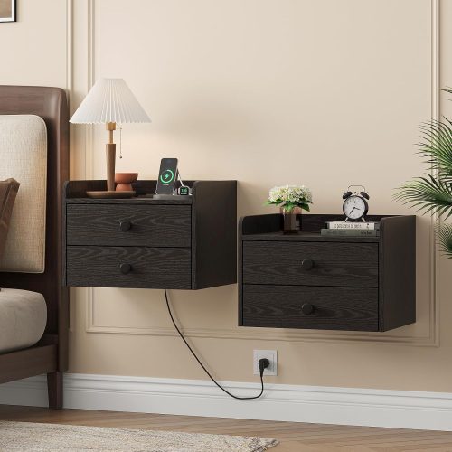 Floating Nightstand Set of 2 with 2 Storage Drawers and Charging Station Wood Wall Mounted Bedside End Table Modern Night Stands Set 2 for Bedroom,Small Space,Black