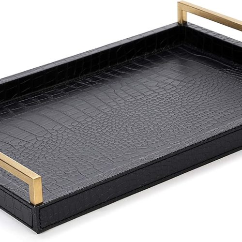 17.8X 11.8 Leather Ottoman Tray, Big Serving Tray with Brushed Gold Handles for Bars, Parties, Dinning, Decorative Tray for Modern Home Decor, Bathroom Vanity (Black)