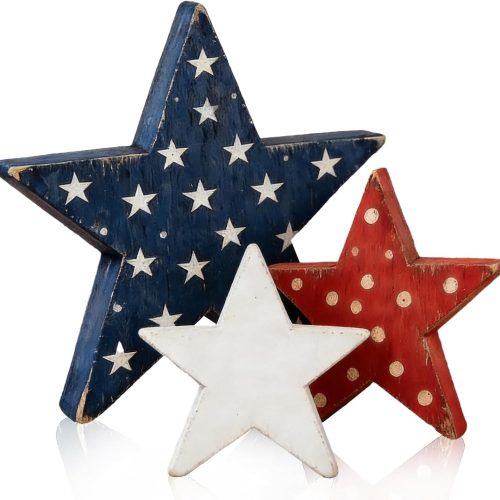3 Pcs 4th of July Table Decorations Farmhouse Independence Wooden Star Set Red White and Blue Patriotic Tiered Tray Decor Rustic American Memorial Home Decor for Table Shelf Kitchen Office