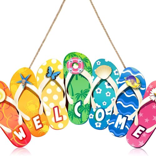 1 Summer Slippers Hanging Sign Shape Welcome Hello Flip Flop Wooden Door Plaque Rustic Wall Sign Yard Indoor Outdoor Garden Decoration with Rope (Welcome)