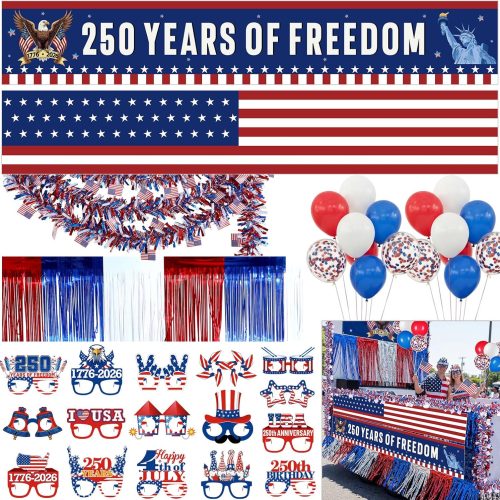 Capoda 250th Anniversary Patriotic Parade Float Decoration Kit, 250 Years Independence Day Party Supplies with Banner Balloons Foil Fringe Curtains Eyeglasses Garland for July 4th Memorial Day