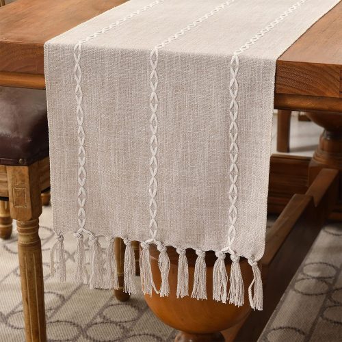 1 Wracra Rustic Linen Table Runner, Light Coffee Table Runners 72 inches Long | Raised Embroidered Design and Hand-Tassels,Cotton Linen Woven Fabric, Farmhouse Table Runner,Home Kitchen Dining Decor