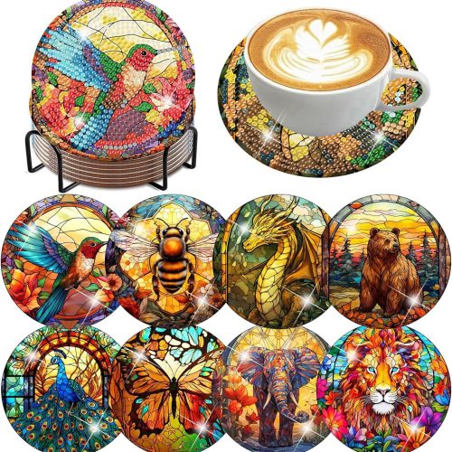 1 8 PCS Diamond Art Coasters Kits with Holder Animal Diamond Painting Coasters Kits for Beginners Colorful Animals Diamond Painting Kits for Adults Handicrafts Paint by Diamond 4x4 inch