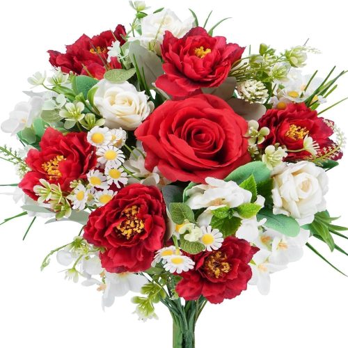14in Cemetery Flowers for Grave Vase Red and White Flowers Fake Red Roses | Grave Flowers for Cemetery Memorial Mixed Artificial Flower Bouquet Silk Flower Arrangements for Home Table DIY Wedding