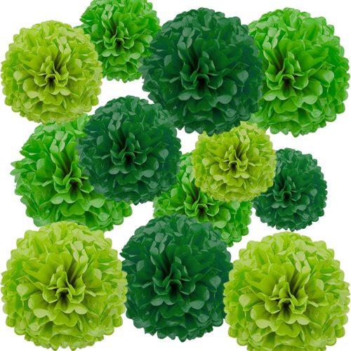 1 Green Paper Pom Poms. Tissue Paper Flowers. Hanging Decorations. Pack of 12. For Wedding, Birthday, Party Decor. 12", "10", "8" inches