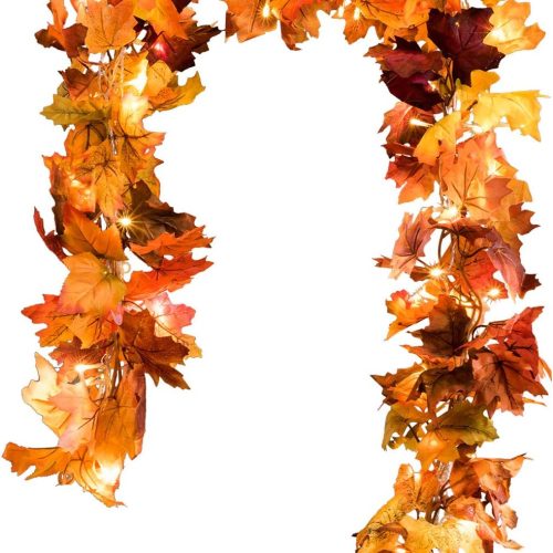 1 DearHouse 2 Pack Fall Maple Leaf Garland, 5.9Ft/Piece Hanging Vine With 16.4ft 40 Led String Light, Artificial Autumn Thanksgiving Decor for Home Wedding Fireplace Party