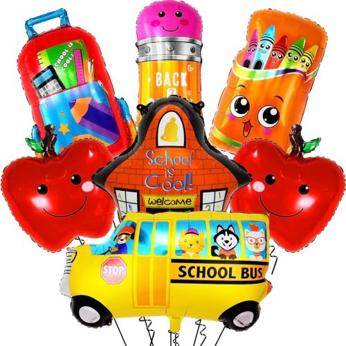 1 Back to School Balloons - 28 Inch School Bus Balloon for First Day of School Decorations - Schoolbag Pencil Crayon Foil Balloons for Welcome Back to School Party Decorations