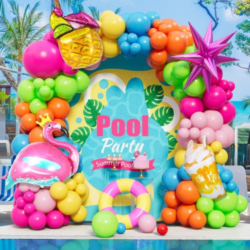 1 Hawaiian Balloon Arch Kit - Tropical Party Decor with 151 Latex Balloons & 4 Foil Balloons (Starburst, Flamingo, Pineapple, Mango), Chains, Ribbons, Dots for Summer Birthdays, Weddings, Luau Theme