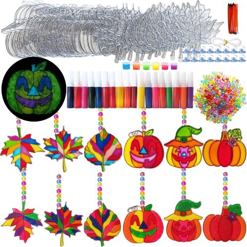 1 Ayhuhra 30 Sets Fall Leaf Pumpkin Suncatchers Craft Kits DIY Window Suncatchers Fall Pumpkin Arts and Crafts Activities Halloween Sun Catchers for Seniors Autumn Halloween Art Project